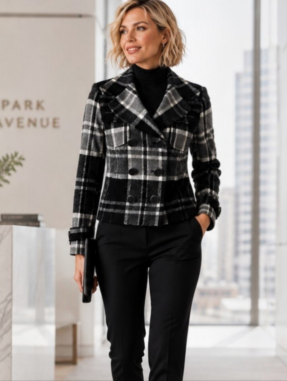 Worthington Y2K Cropped Peacoat Jacket Black Gray Plaid Med Pet